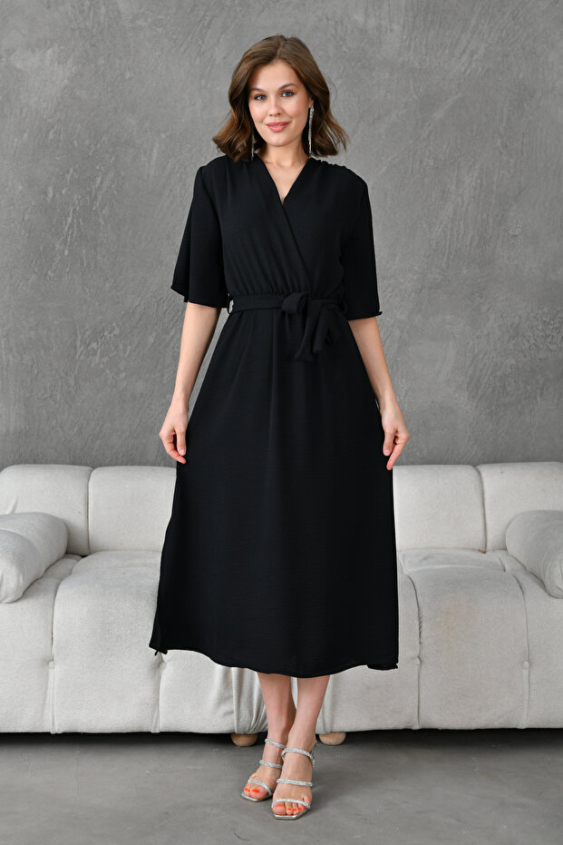 Side Slit Elastic Waist Belted Bat Sleeve Midi Length 130 cm Double Breasted Collar Black Dress 097