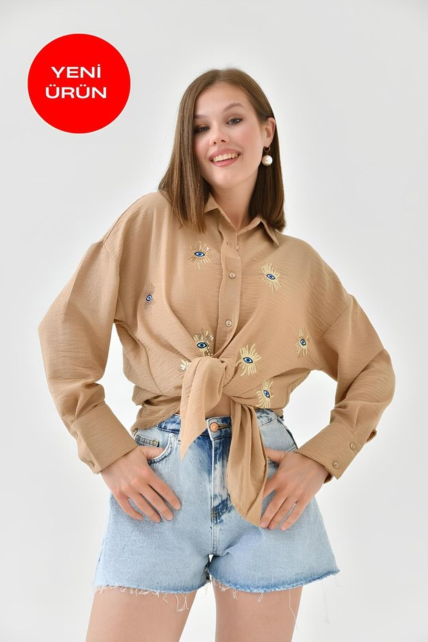 Women's Eye Pattern Sequin Sequin And Embroidery Embroidered Cotton Flame Shirt Camel