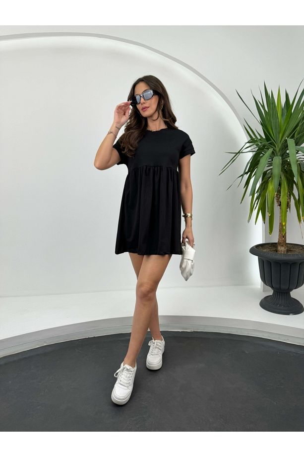 Siyah Kısa Kollu Basıc Elbise - 5