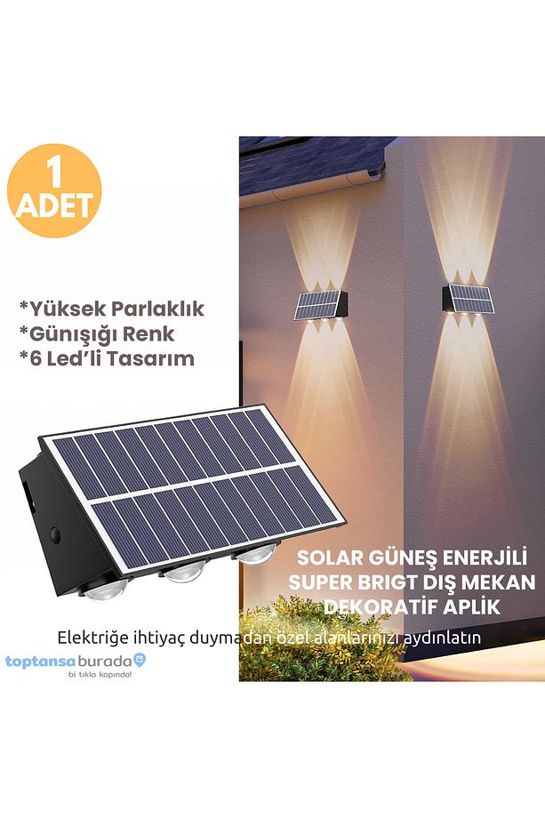 1Adet Güneş Enerjili Çift Taraflı 6 Ledli Aplik Sarı Işık Duvar Lambası Bahçe Aydınlatma - 1