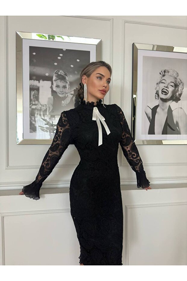 Women's Black Imported Lace Guipure Lined Brooch Bow Detail Design Dress