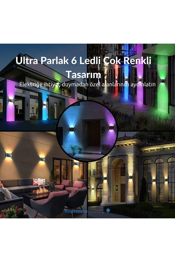 2Adet Güneş Enerjili Çift Taraflı 6 Ledli Aplik RGB Işık Duvar Lambası Bahçe Aydınlatma - 6