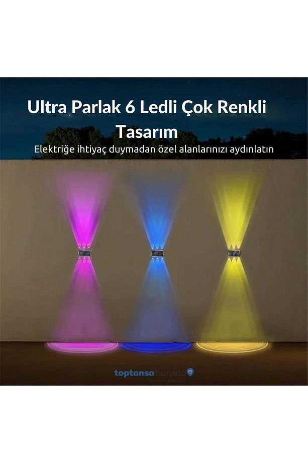 2Adet Güneş Enerjili Çift Taraflı 6 Ledli Aplik RGB Işık Duvar Lambası Bahçe Aydınlatma - 7