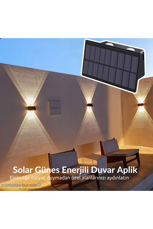 1Adet Güneş Enerjili Çift Taraflı 4 Ledli Aplik Sarı Işık Duvar Lambası Bahçe Aydınlatma - 9