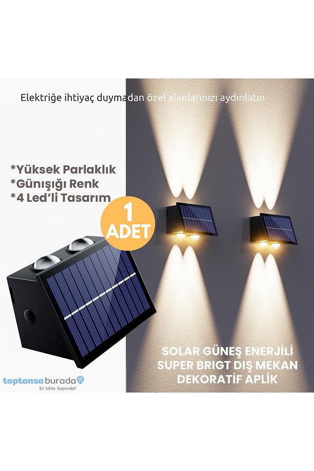 1Adet Güneş Enerjili Çift Taraflı 4 Ledli Aplik Sarı Işık Duvar Lambası Bahçe Aydınlatma - 1