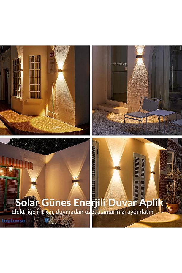 1Adet Güneş Enerjili Çift Taraflı 4 Ledli Aplik Sarı Işık Duvar Lambası Bahçe Aydınlatma - 7