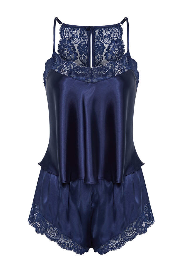 Lacivert Dantelli İp Askılı Saten Şortlu Dokuma Pijama Takımı THMSS22PT0269 - 8