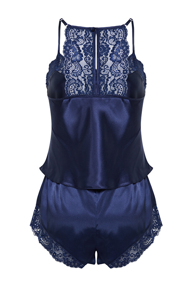 Lacivert Dantelli İp Askılı Saten Şortlu Dokuma Pijama Takımı THMSS22PT0269 - 9