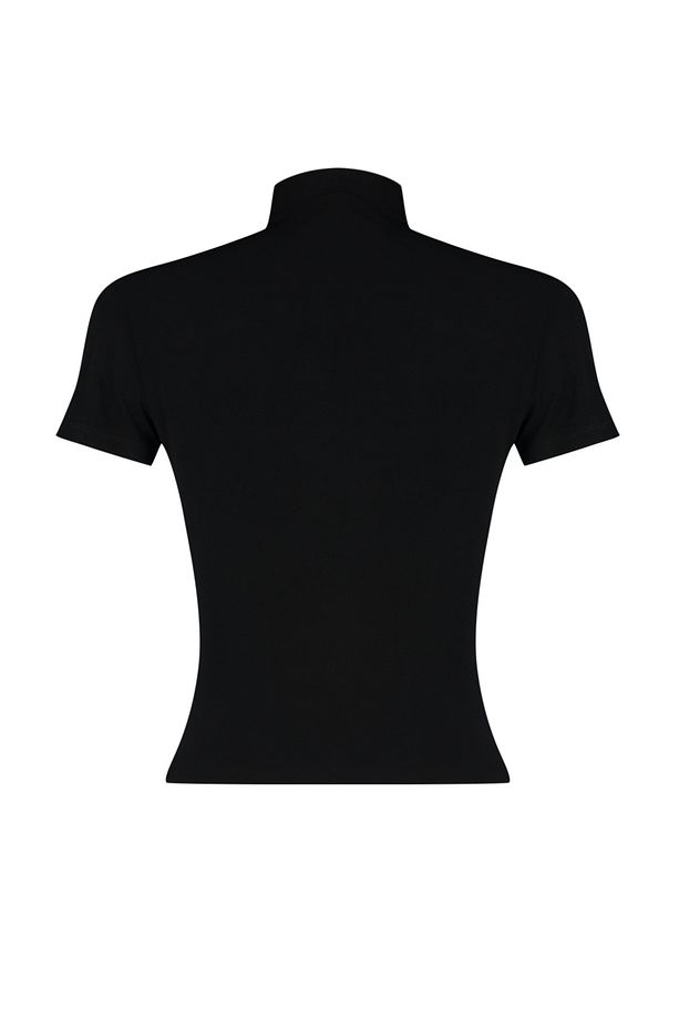 Siyah Büzgü/Drape Detaylı Fitted/Vücuda Oturan Kısa Kollu Dik Yaka Esnek Örme Bluz TWOSS24BZ00426 - 8