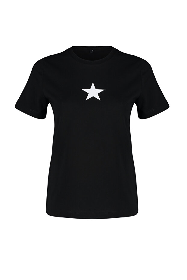 Siyah %100 Pamuk Yıldız Baskılı Regular/Normal Kalıp Bisiklet Yaka Örme T-Shirt TWOSS24TS00095 - 7