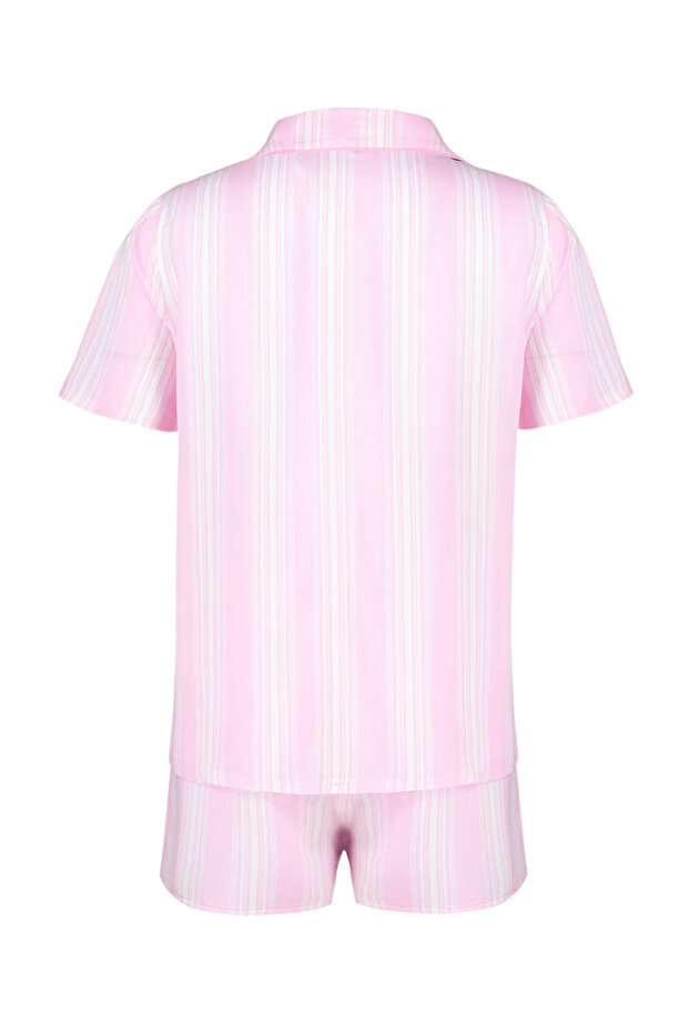 Pembe Çizgili Biye Detaylı Viskon Şortlu Dokuma Pijama Takımı THMSS24PT00279 - 8