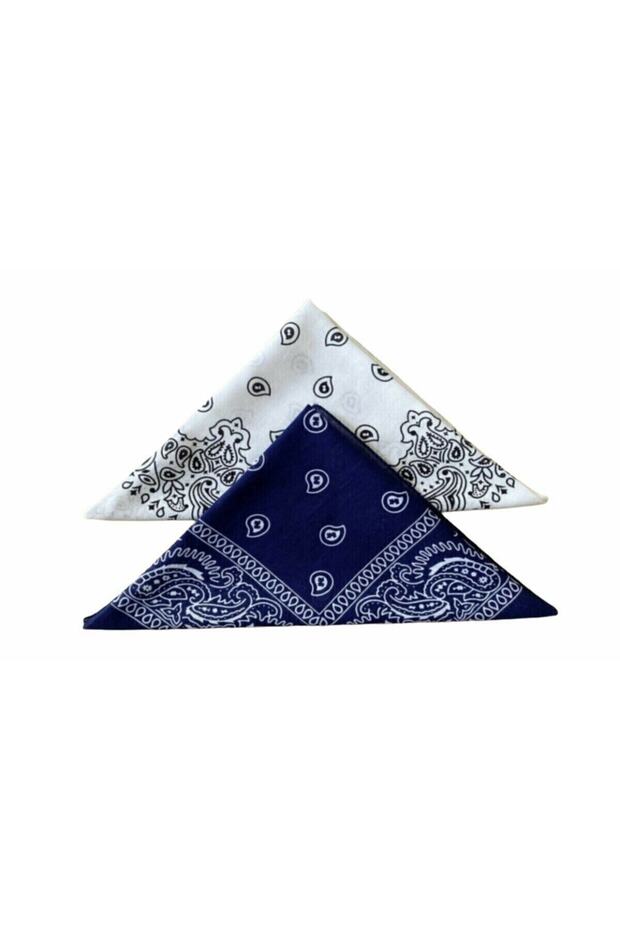 Unisex 2 Pieces Ethnic Patterned Cotton Bandana - Navy Blue White