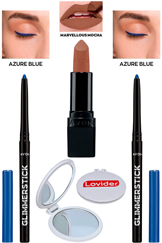 قلم تحديد العيون باللون الأزرق الداكن مكون من قطعتين + أحمر شفاه Marvellous Mocha Matte + مرآة جيب Lovider
