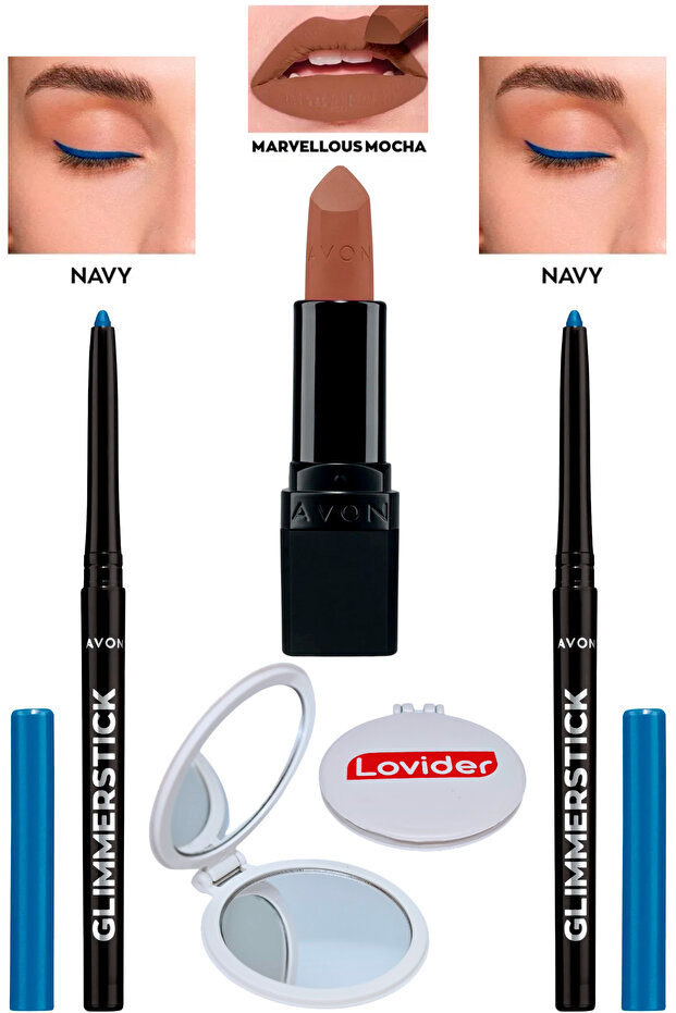 قلم تحديد العيون باللون الكحلي مكون من قطعتين + أحمر شفاه Marvellous Mocha Matte + مرآة جيب Lovider