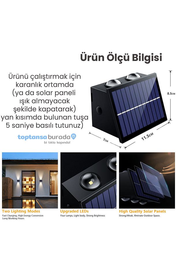 1Adet Güneş Enerjili Çift Taraflı 4 Ledli Aplik Sarı Işık Duvar Lambası Bahçe Aydınlatma - 6
