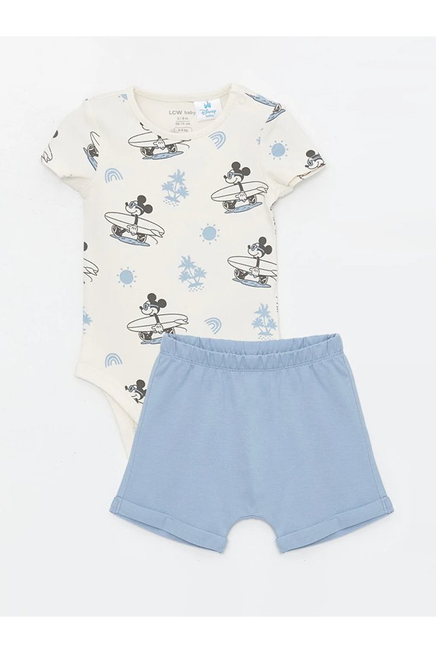 LCW baby Crew Neck Printed Baby Boy Snap-On Bodysuit and Shorts 2 Piece Set