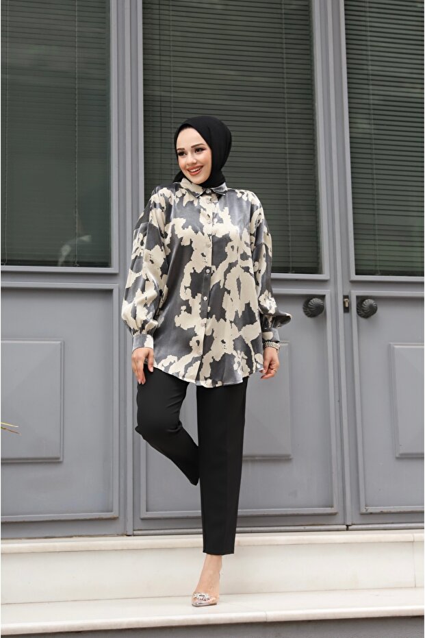 Women's Jacquard Patterned Oversize Shirt ( Length 80cm ) - Anthracite