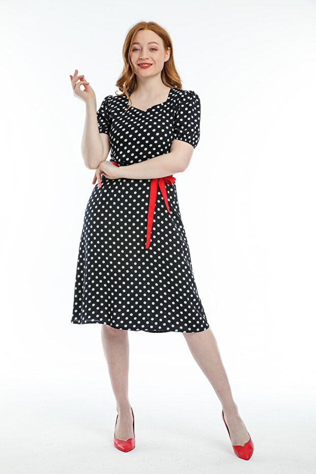 Women's Navy Blue White Polka Dot I Belted Mini Dress 51123