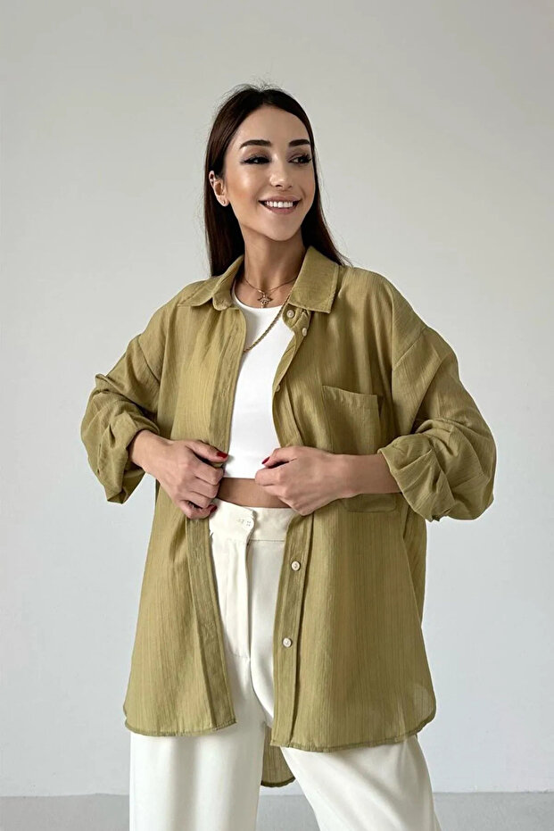 Düşük Omuzlu Kumaş Oversize Gömlek - 1