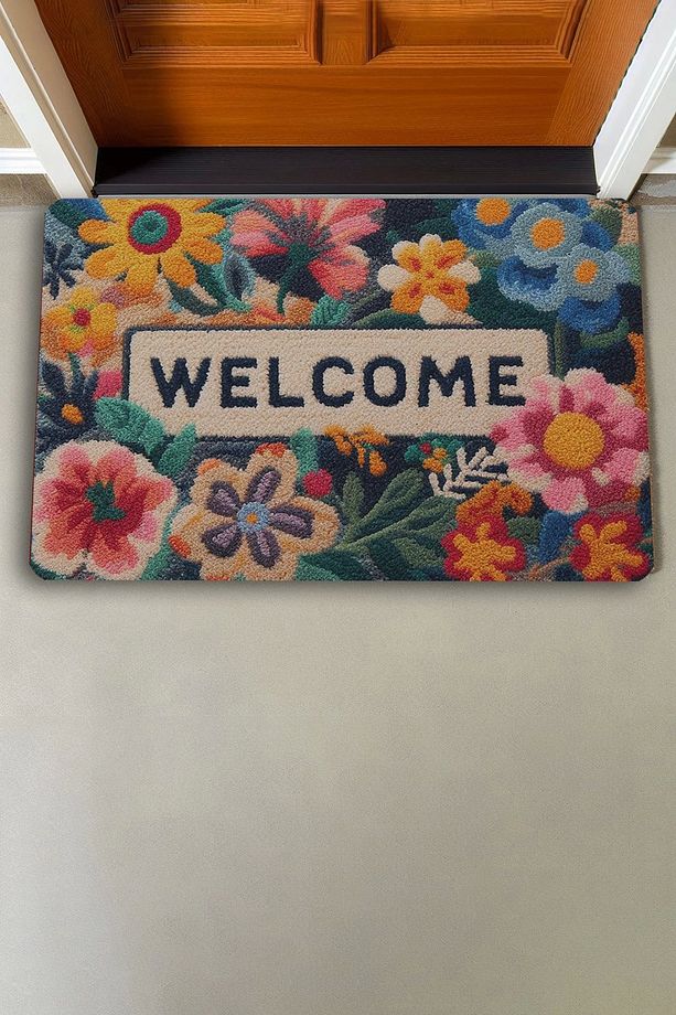 Çiçekler ve Sarı Papatyalı Welcome Kapı Önü Paspası 45x70cm - 3