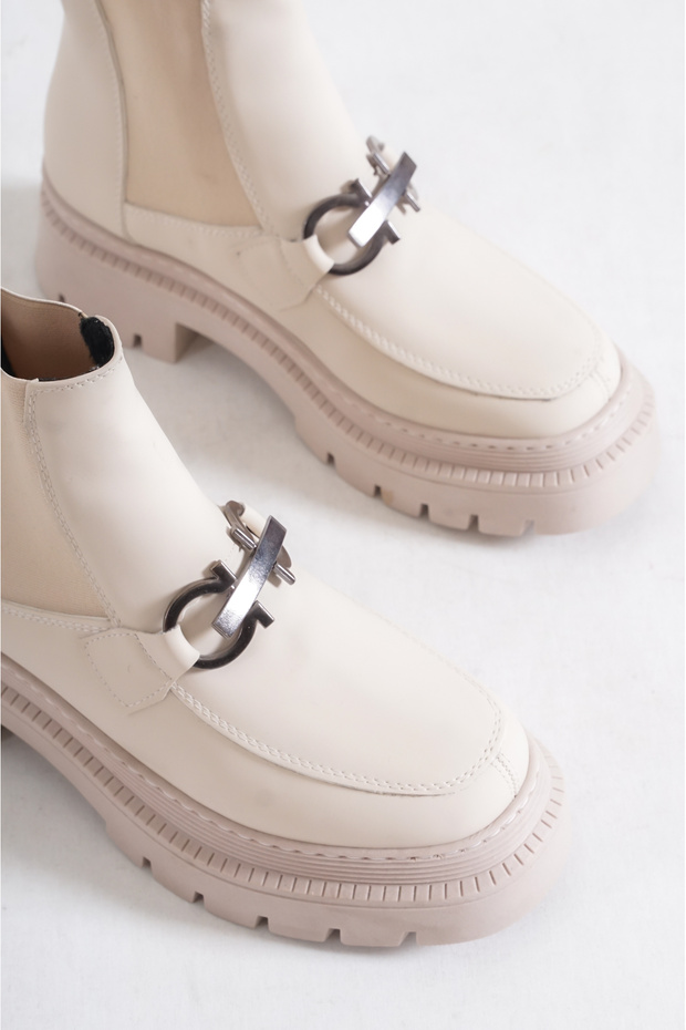 Women's Boots with Elastic Sides, Front Metal Buckle and Trak Sole