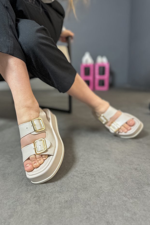 Lope Beige Double Buckle Women's Sandals