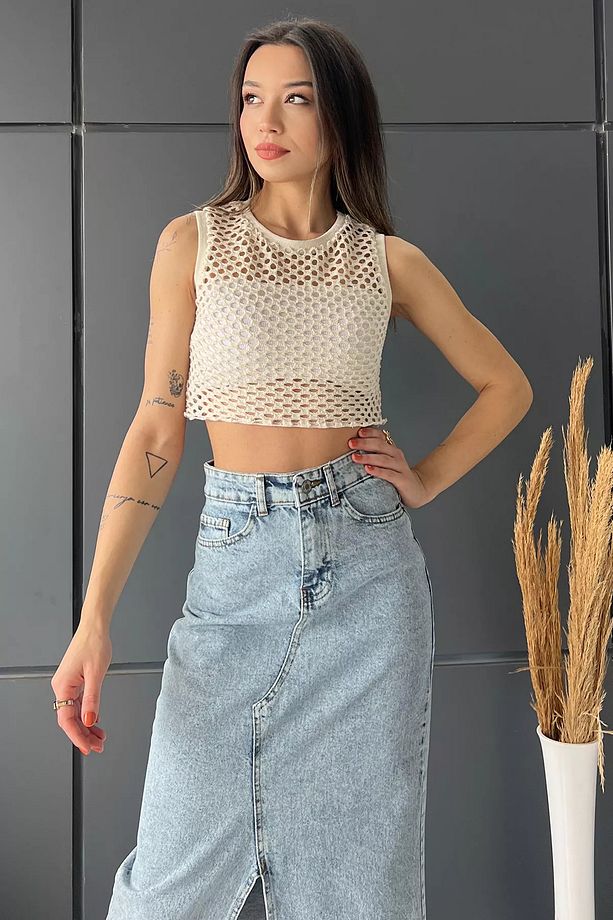 Taş Bisiklet Yaka File Kadın Crop Top Örme Süveter - 1