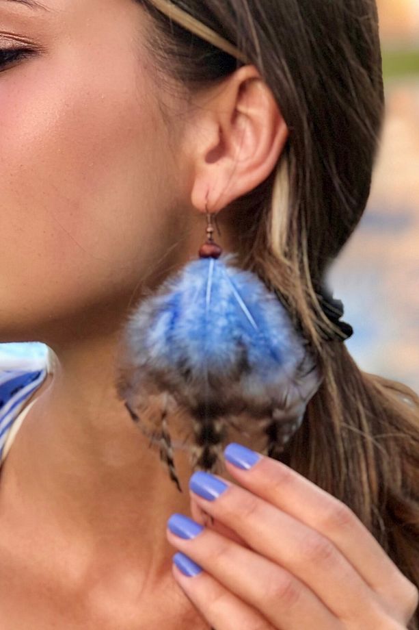El Yapımı Domestik Tüylü Tekli Boho Style Bohem Tasarım Küpe - 4