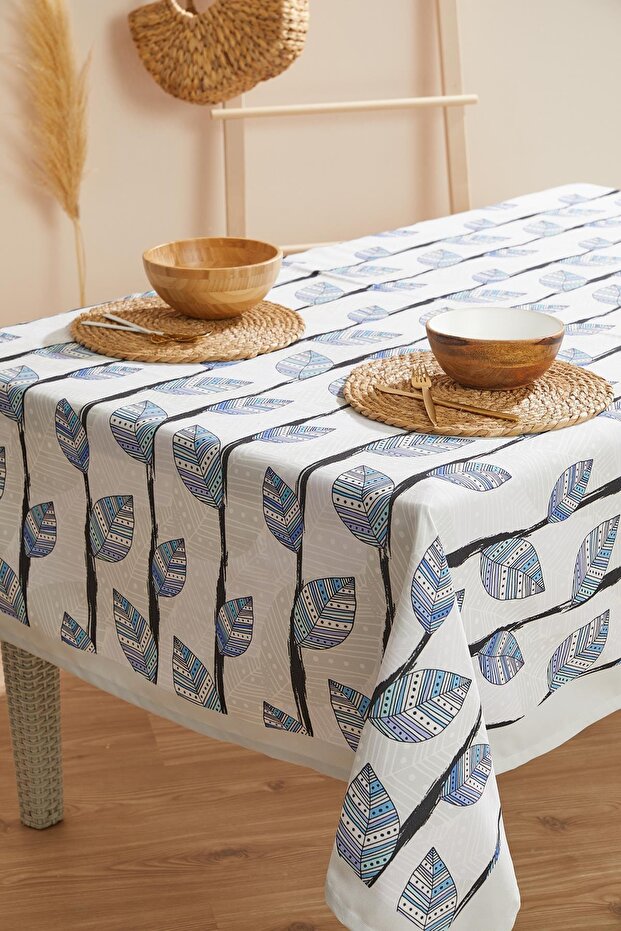 Blue Feather Pattern Stain Resistant Tablecloth