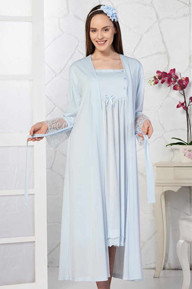Women's Maternity Dressing Gown Nightgown Set Blue