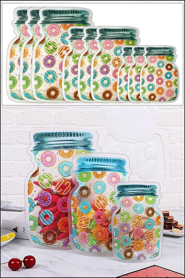 9 Adet 3 Boy Kavanoz Görünümlü Kilitli Donutlu Saklama Poşeti / 150ml - 500ml - 620ml - 1