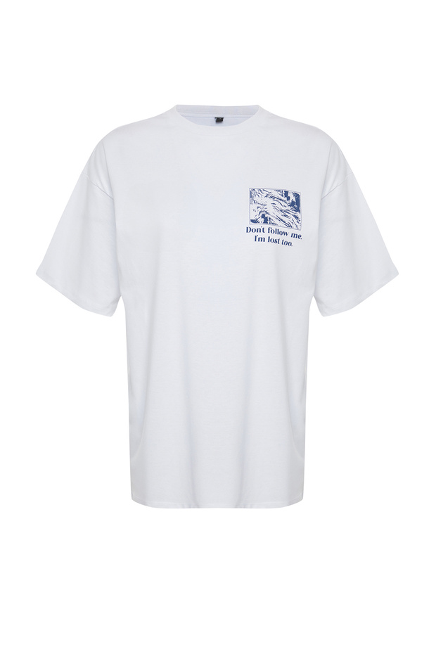 Beyaz %100 Pamuk Sırt ve Ön Baskılı Oversize/Rahat Kesim Örme T-Shirt TWOSS24TS00234 - 7
