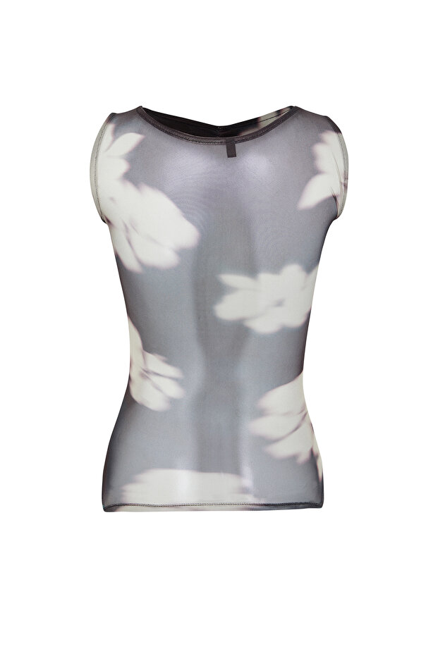 Siyah Soyut Desenli Büzgü/Drape Detaylı Regular/Normal Kalıp Kayık Yaka Bluz TWOSS24BZ00544 - 8