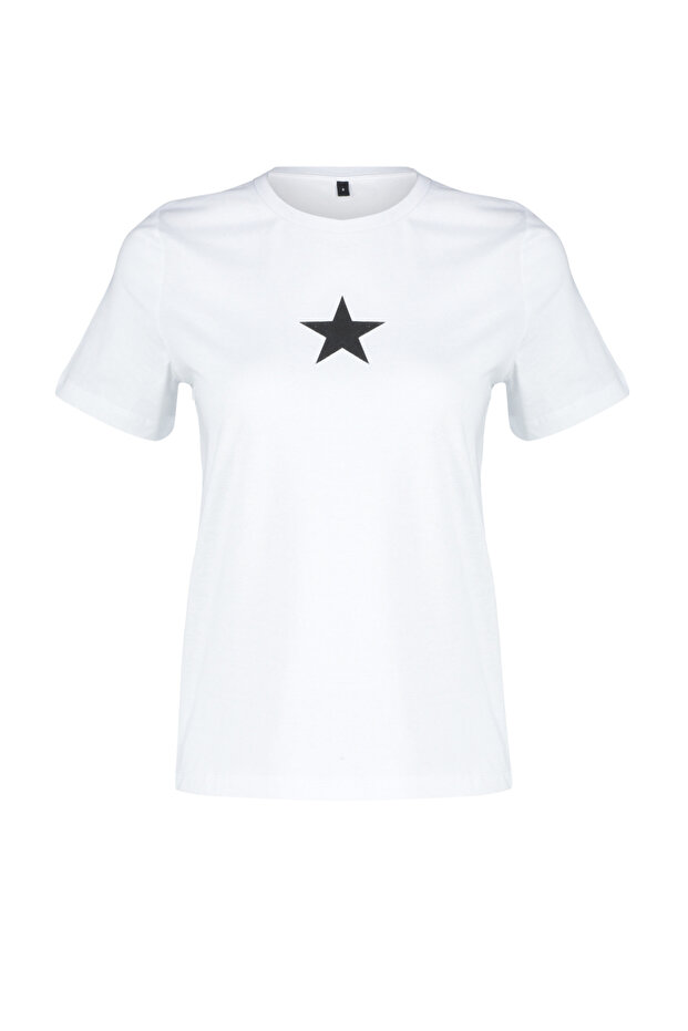 Beyaz %100 Pamuk Yıldız Baskılı Regular/Normal Kalıp Bisiklet Yaka Örme T-Shirt TWOSS24TS00095 - 7