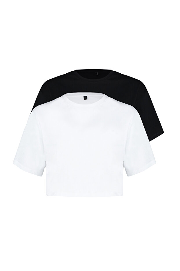 Siyah-Beyaz 2'li Paket %100 Pamuk Relax/Rahat Kesim Crop Örme T-Shirt TWOSS24TS00224 - 7