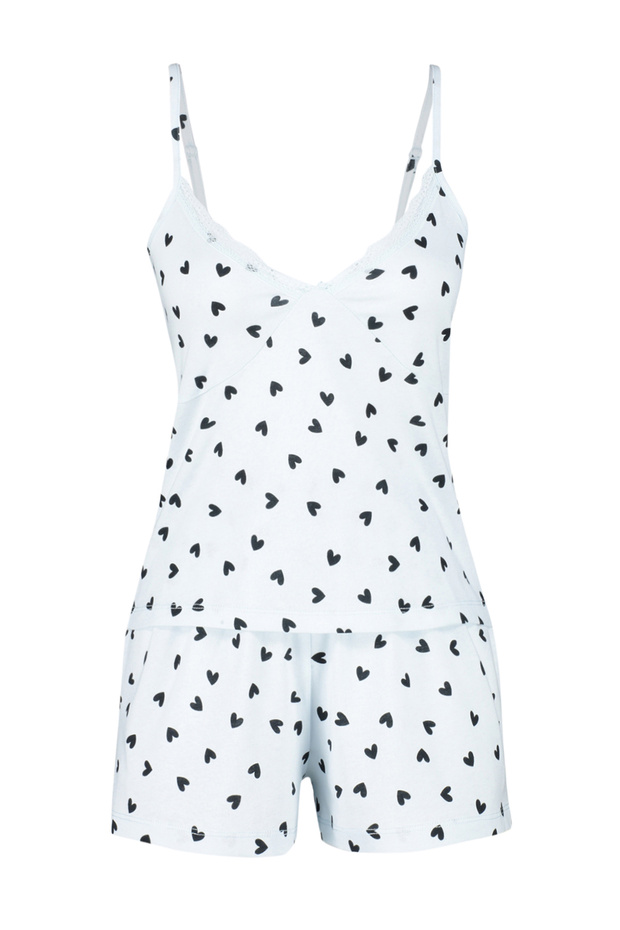 Uçuk Mavi %100 Pamuklu Kalpli Dantelli İp Askılı Şortlu Örme Pijama Takımı THMSS24PT00106 - 7