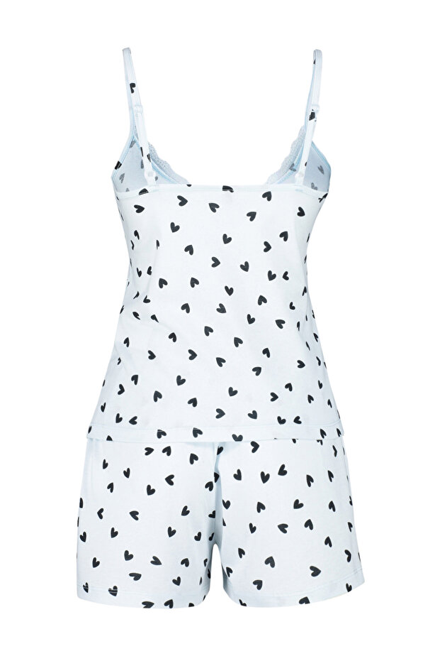 Uçuk Mavi %100 Pamuklu Kalpli Dantelli İp Askılı Şortlu Örme Pijama Takımı THMSS24PT00106 - 8