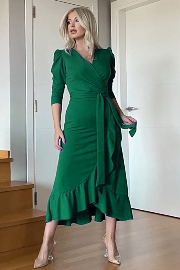 Women's Green Long Sleeve Flounced Belted Plus Size Dress