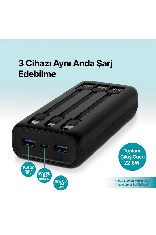 PowerSlim Trio LCD 20.000mAh PD 22,5W Dahili Kablolu Taşınabilir Şarj Aleti / Powerbank - 4