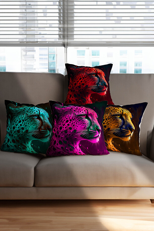 4-Piece Leopard Pattern Digital Printed Throw Pillow Pillow Case - Purple, Turquoise, Red, Yellow