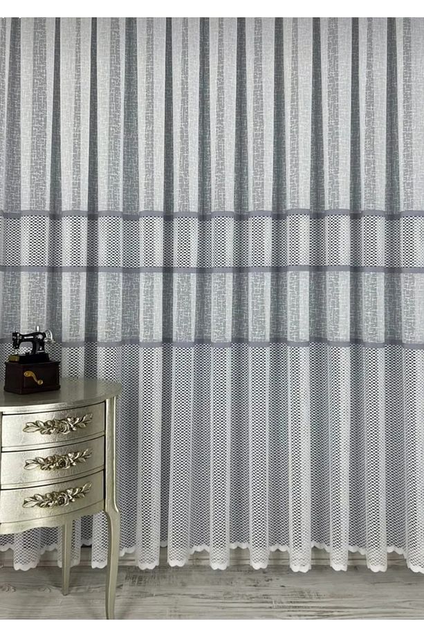 KULLANIMA HAZIR GRİ ŞERİTLİ APLİK ÖRME SIK PİLELİ 1X3 TÜL PERDE - 3