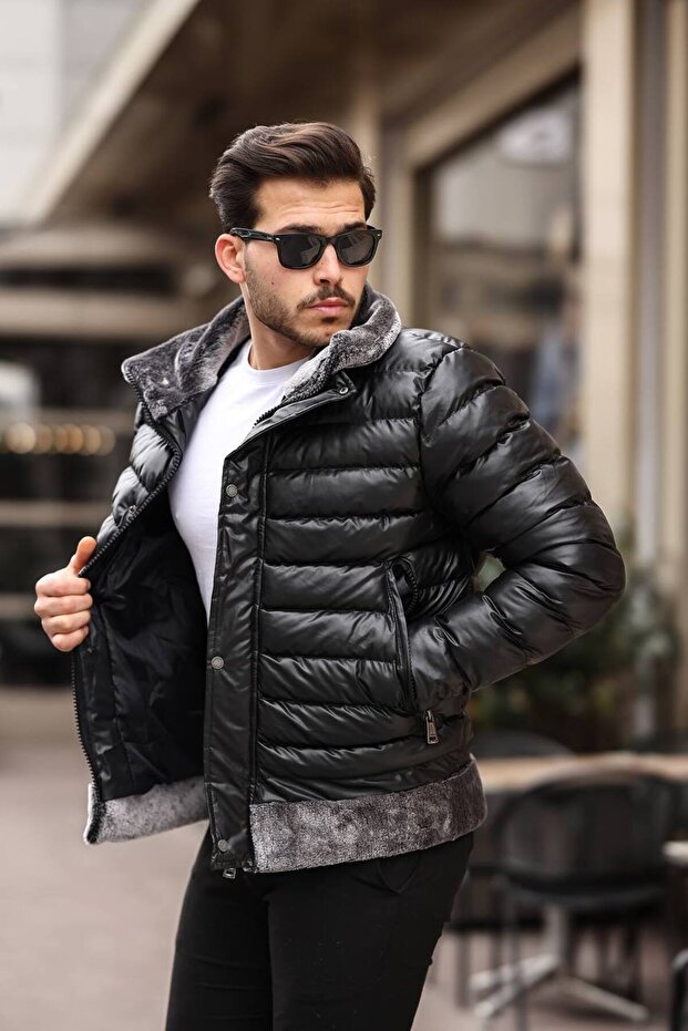 Men's Black Fur Detailed LFN Puffer Leather Coat