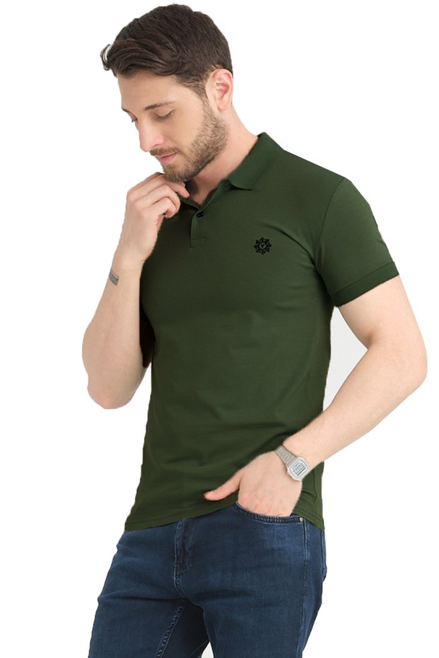 Men's Oil Green Polo Collar Summer Cotton Short Sleeve T-shirt