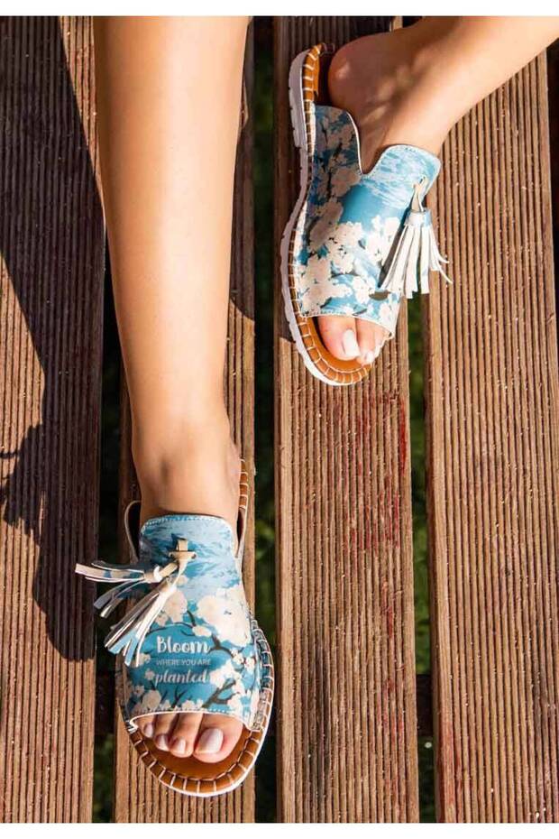Women's Vegan Leather Blue Slippers - Bloom Where You Are Planted Design