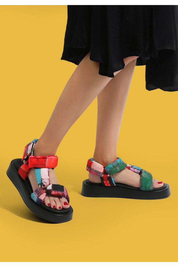 Women's Vegan Multicolored Thick Sole Sandals - Grass And Sea Design