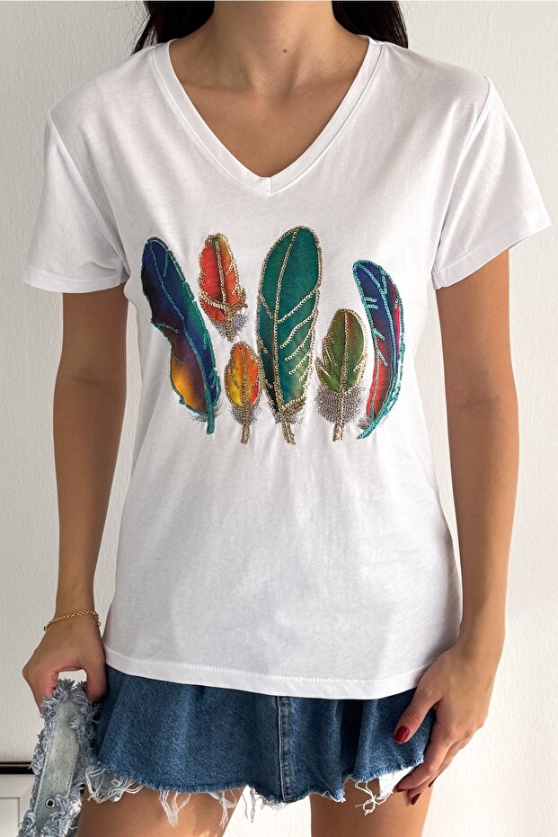 Women's White V-Neck Feather Sequin Sequin Embroidered Tassel 100% Cotton T-Shirt