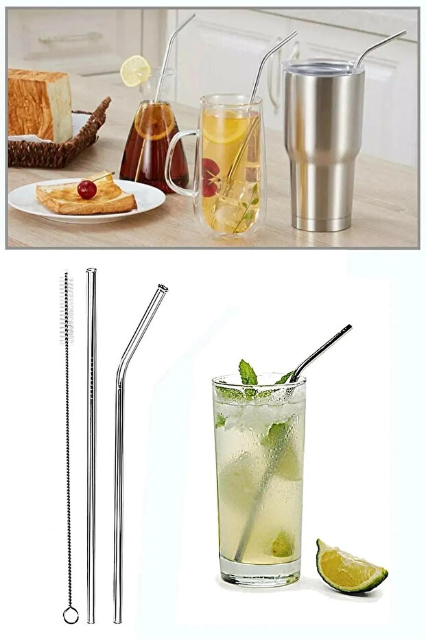 6Pcs Steel Straws + 3Pcs Cleaning Brush Drink Stick Rod