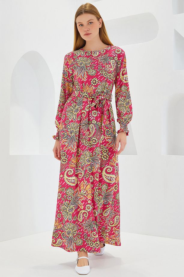 Kadın Pembe Çiçek Desenli Örme Tesettür Elbise 1525 - 2