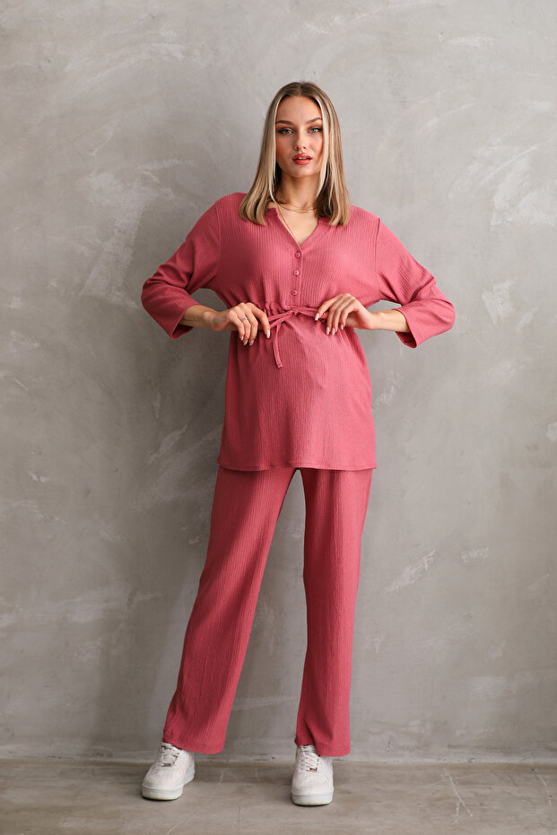 Front Buttoned Woven Maternity and Maternity Top and Bottom Set