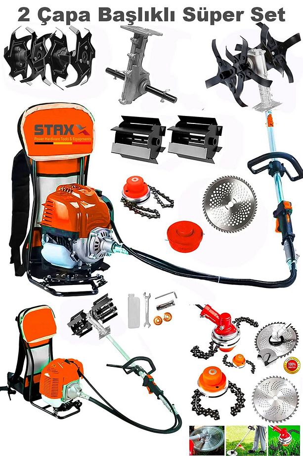 Benzinli 14HPX Çim Çayır Ot Biçme Bahçe Bakımı Sırt Tipi Tırpan + 2'li Süper Set Çapa Başlığı - 1